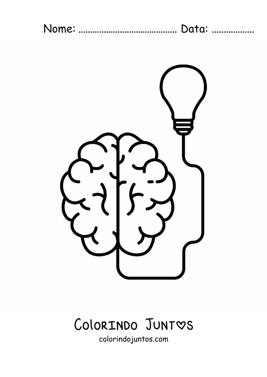 Desenho para colorir de um cérebro tendo uma ideia, conectado a uma lâmpada