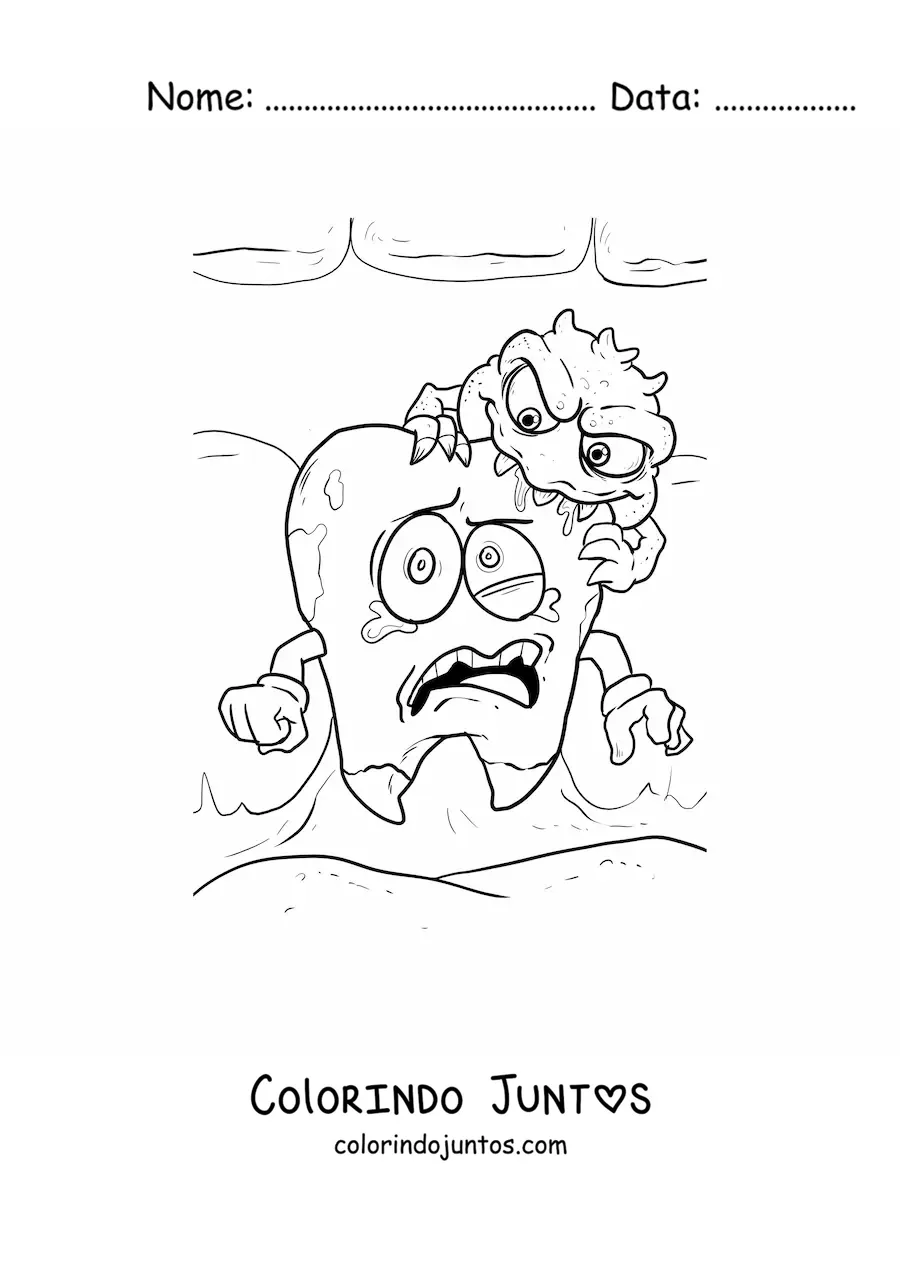 Desenho para colorir de um dente animado assustado porque tem cárie