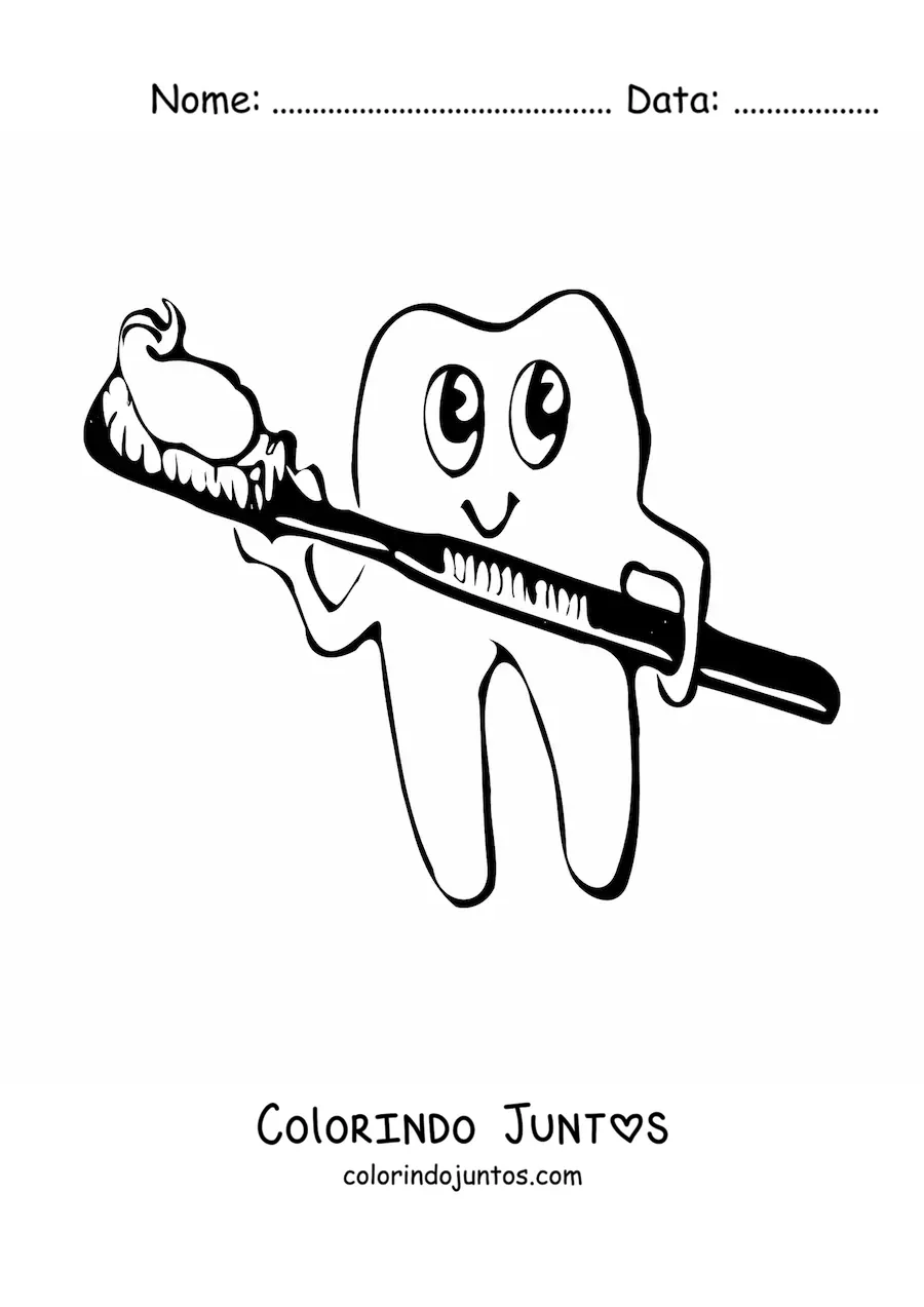 Desenho para colorir de um dente animado sorrindo segurando uma escova com creme dental
