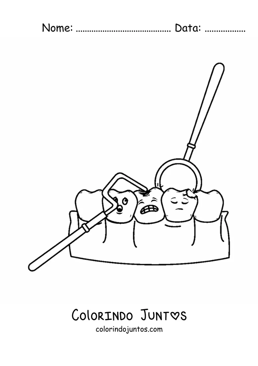 Desenho para colorir de dentes animados com cárie com instrumentos de odontologia