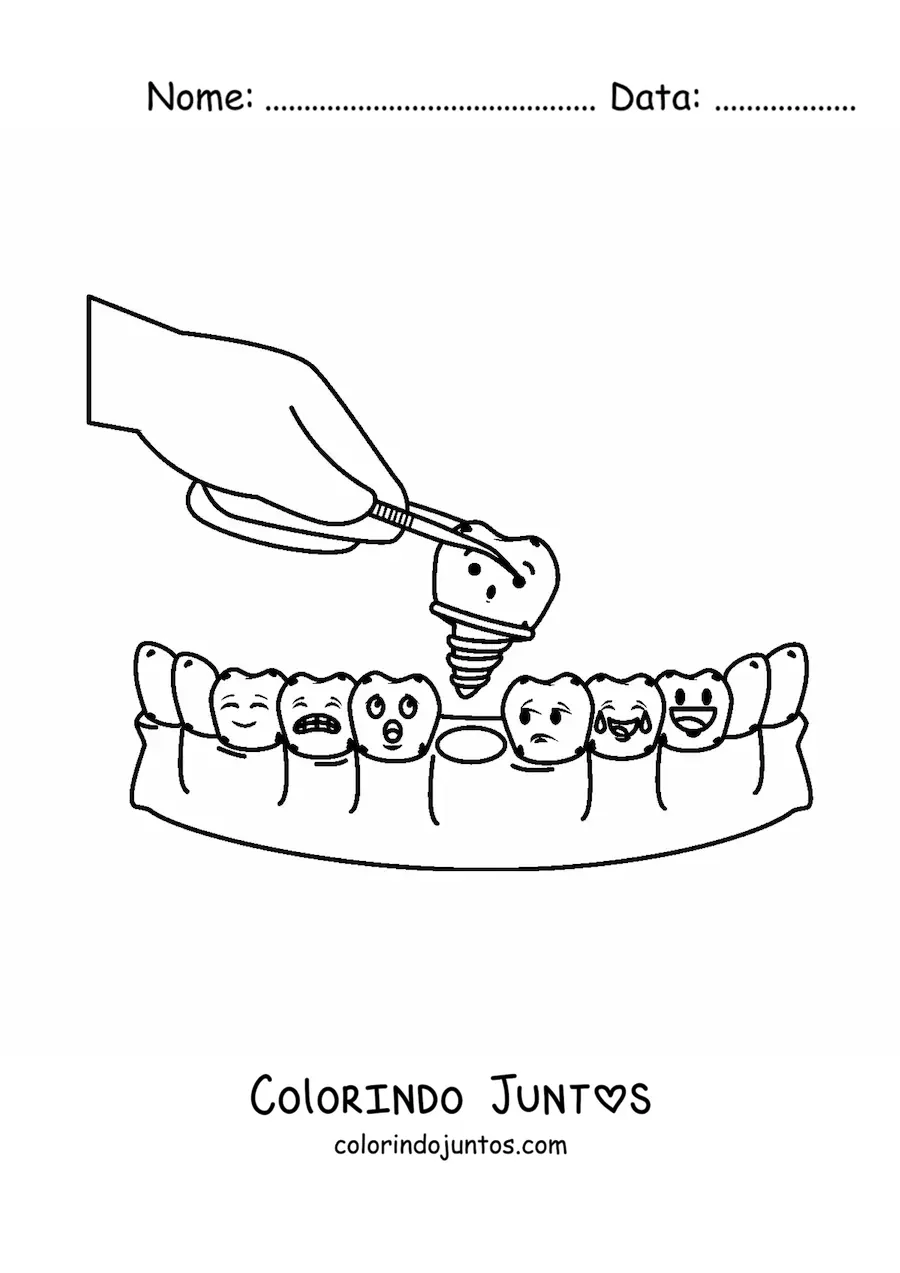 Desenho para colorir de um dente animado sendo extraído pelo dentista