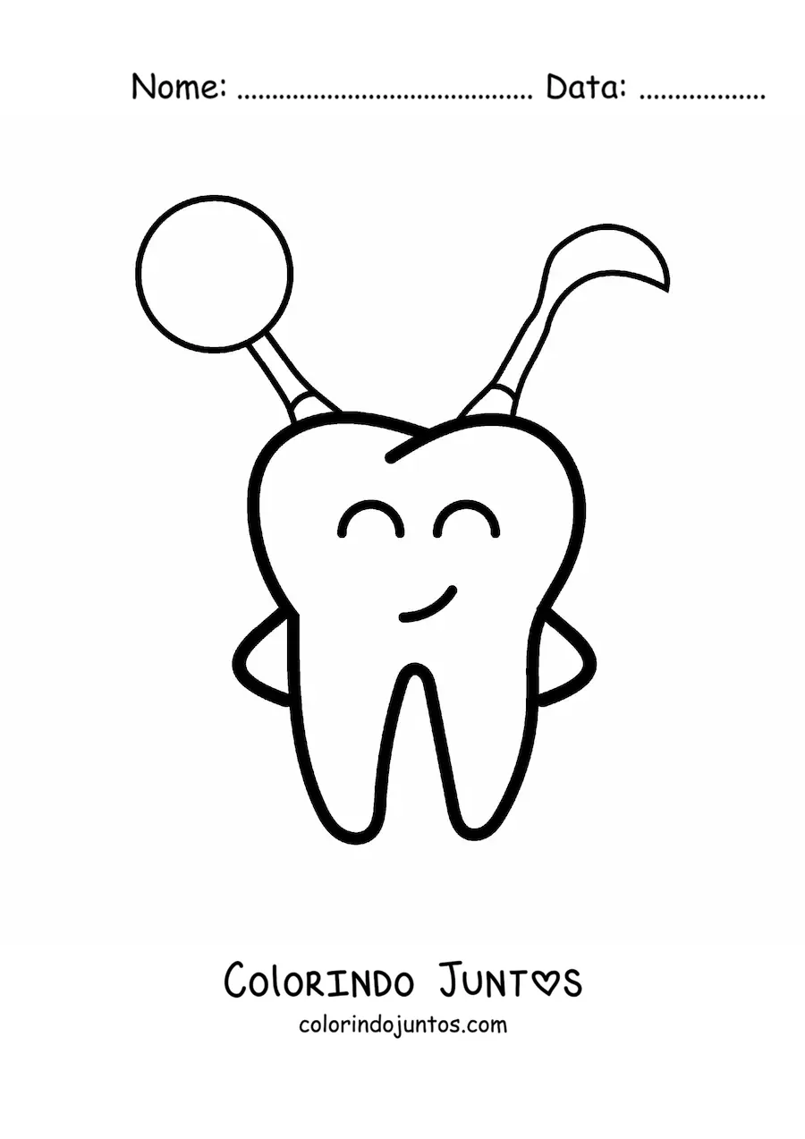 Desenho para colorir de um dente animado feliz segurando instrumentos de odontologia