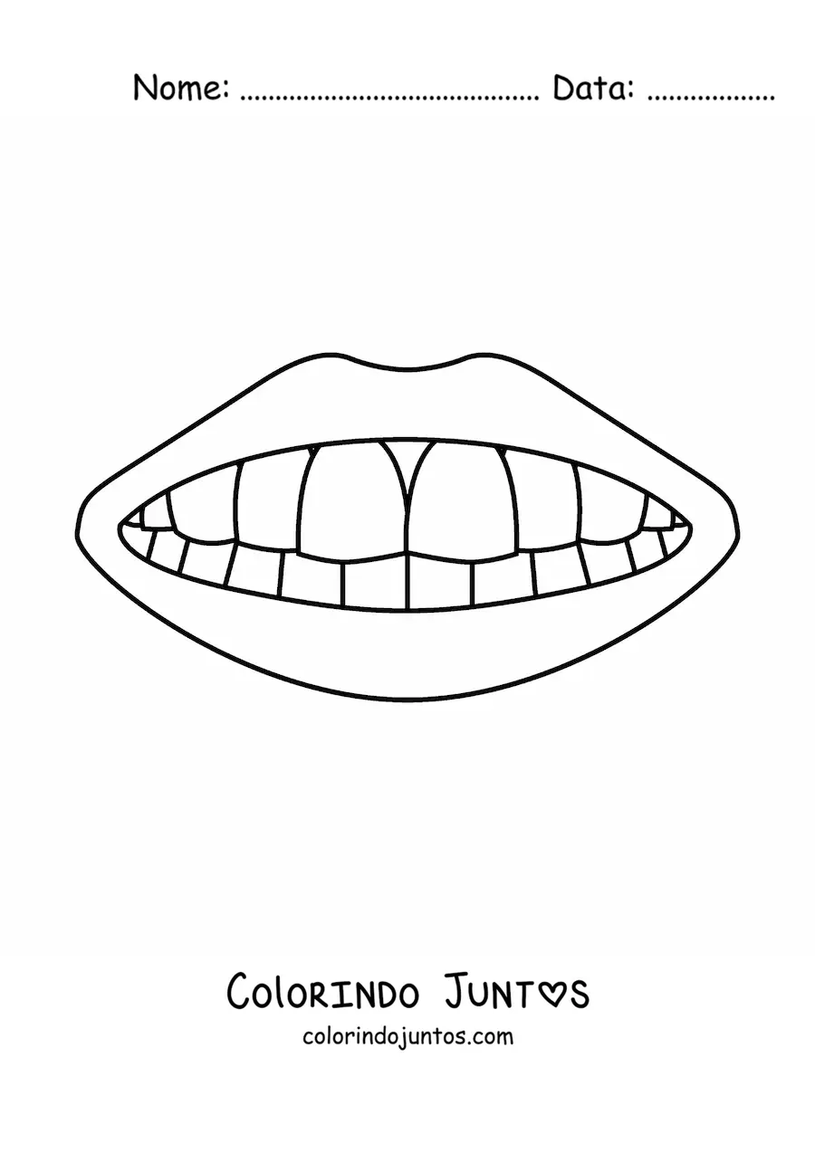 Desenho para colorir de uma boca mostrando os dentes