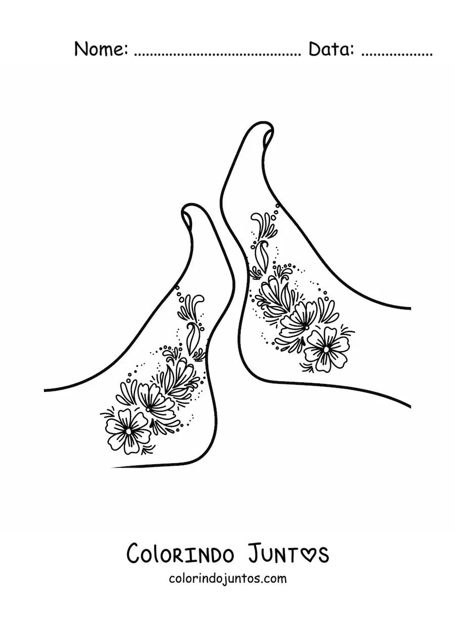 Desenho para colorir de um par de pés bonitos de mulher com tatuagens de flores