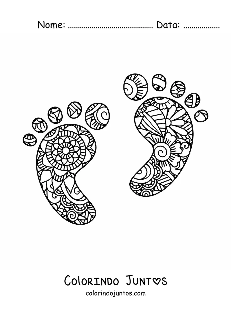 Desenho para colorir de 2 pegadas de pé com estampa de mandala