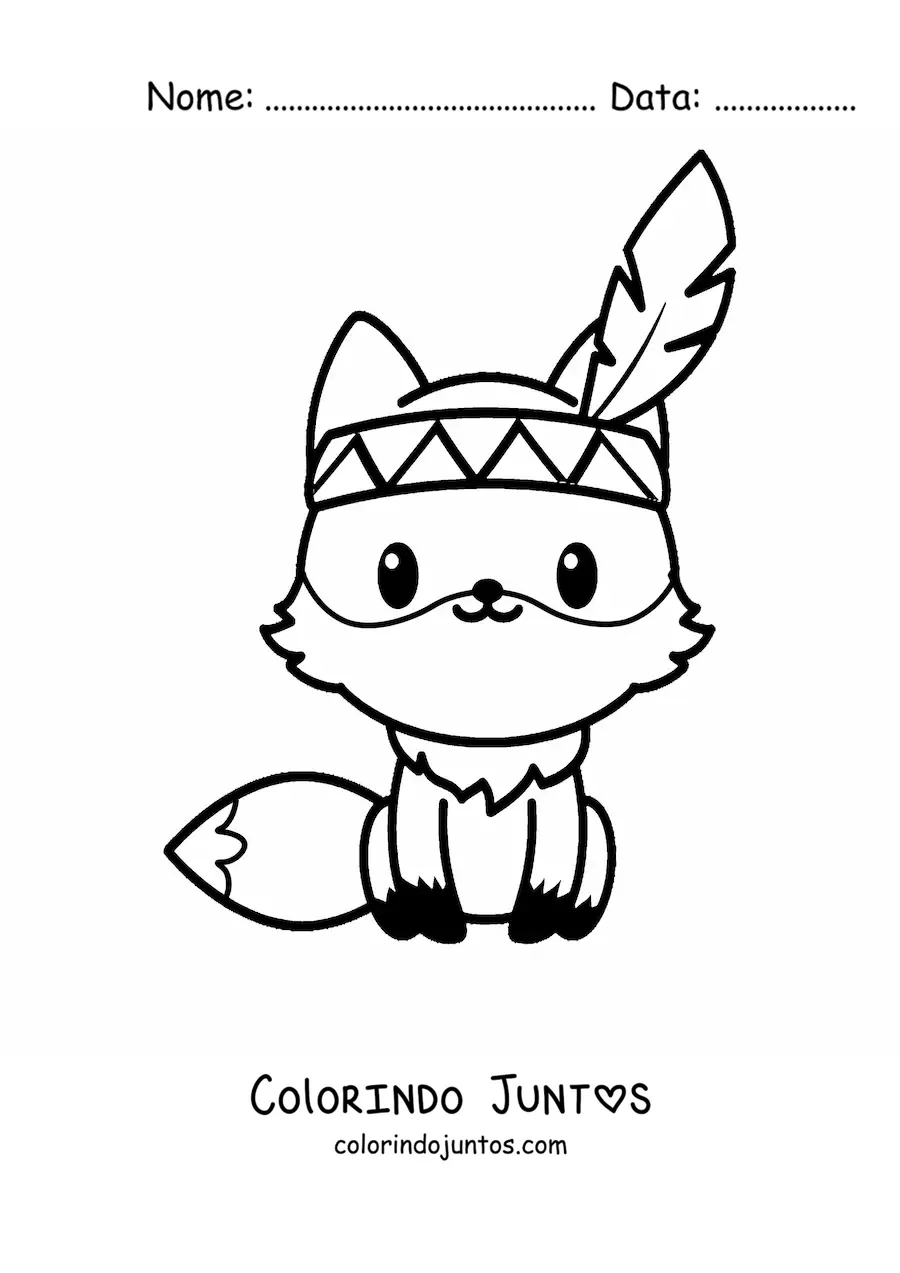 Desenho para colorir de uma raposa kawaii animada sentada com uma pena de índio na cabeça