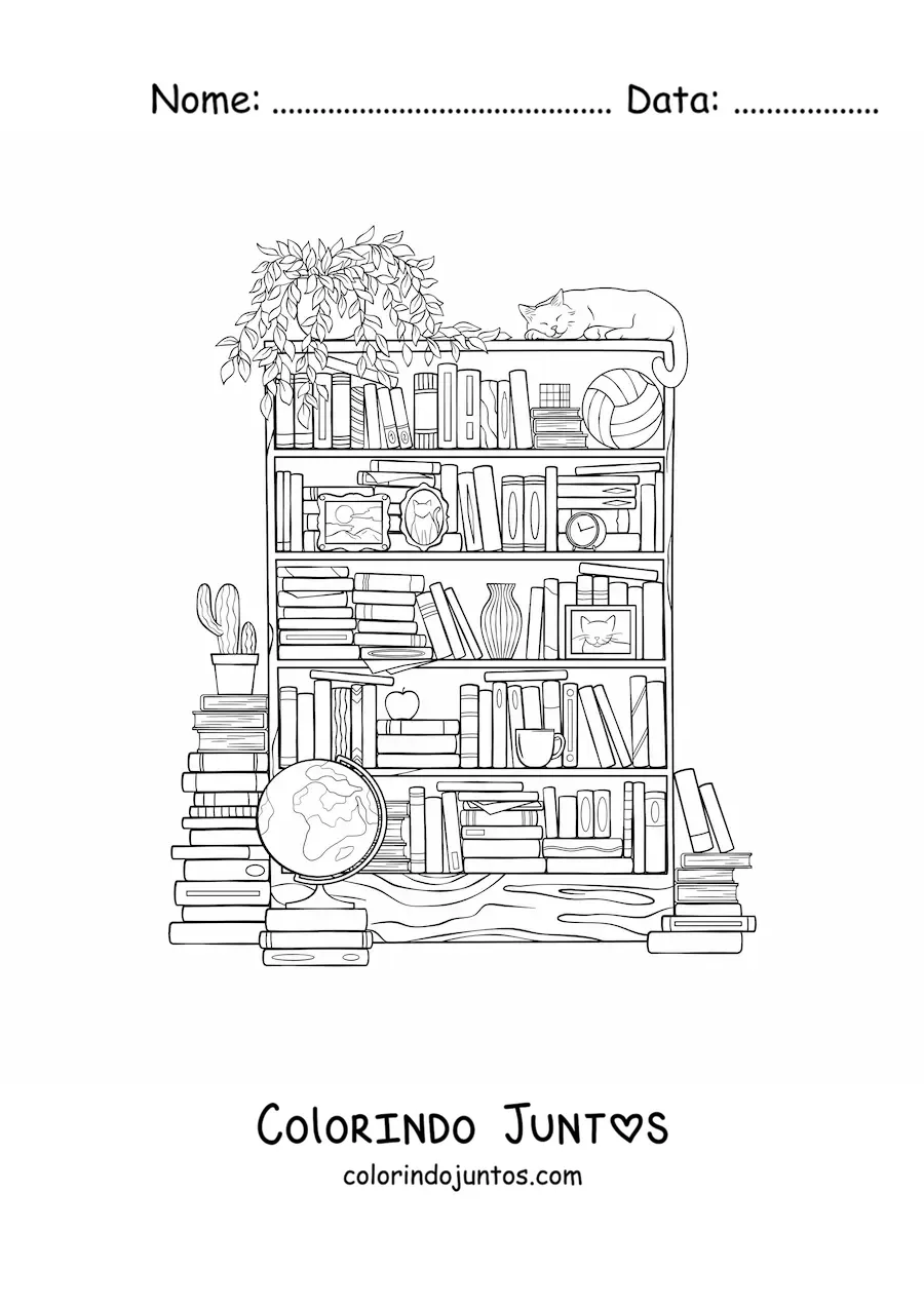 Desenho para colorir de vários livros arrumados em uma biblioteca