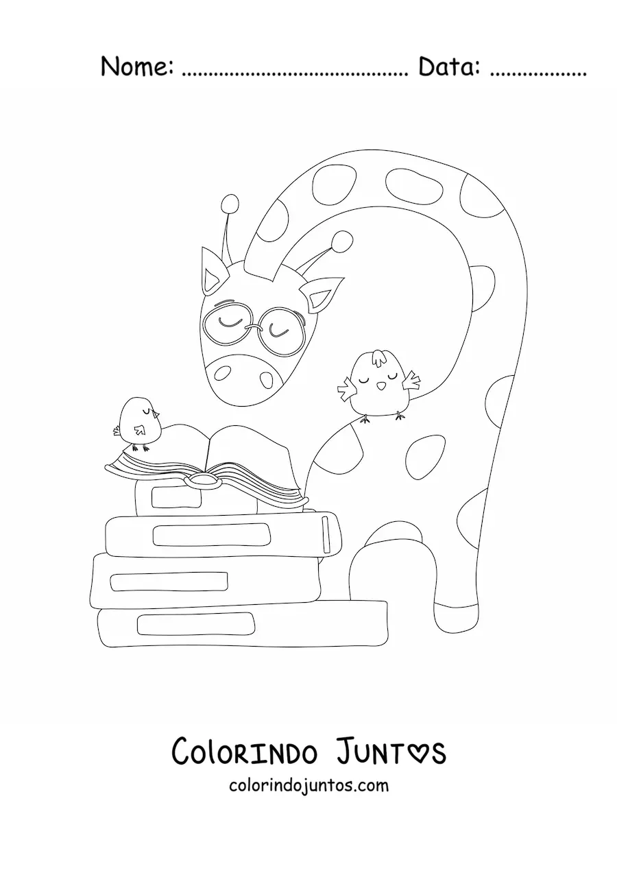Desenho para colorir de uma girafa animada lendo um livro junto a uns pássaros