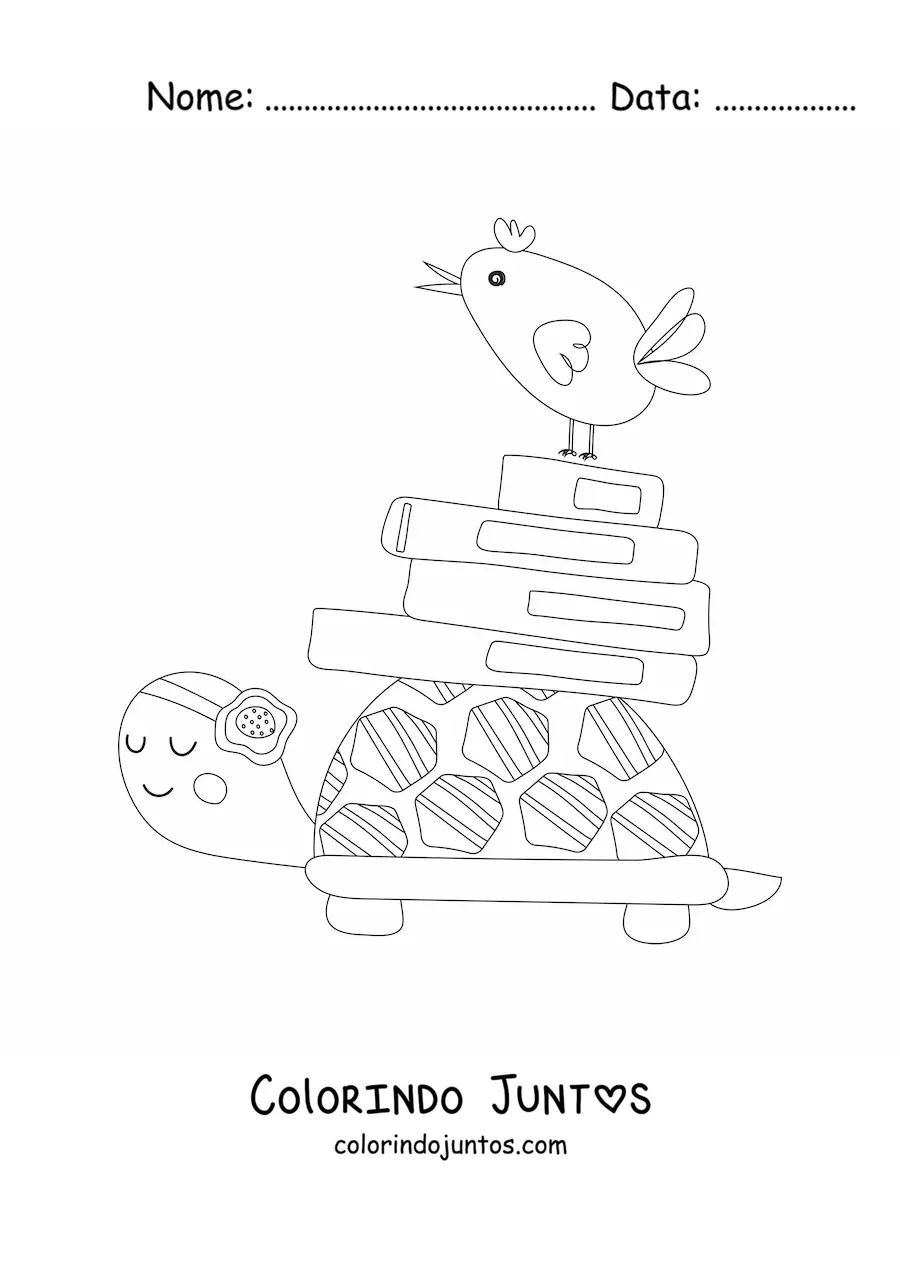 Desenho para colorir de uma tartaruga animada carregando uma pilha de livros sobre o casco