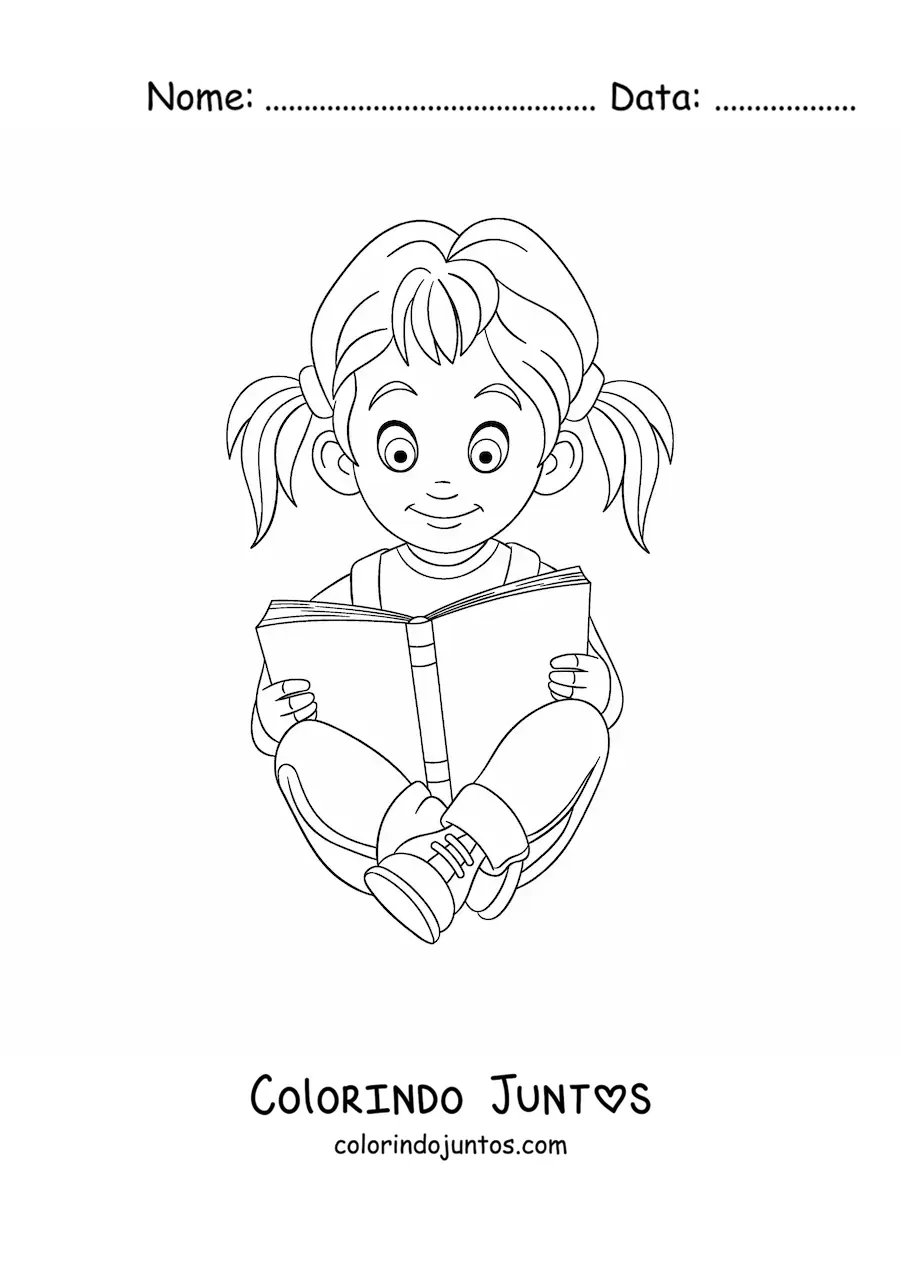 Desenho para colorir de uma menina sentada lendo um livro