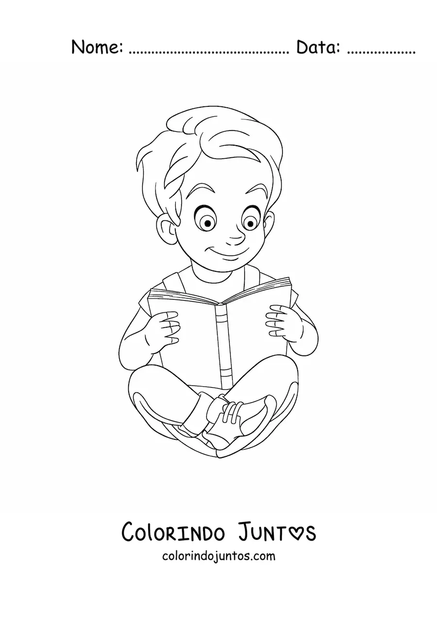 Desenho para colorir de um menino sentado lendo um livro