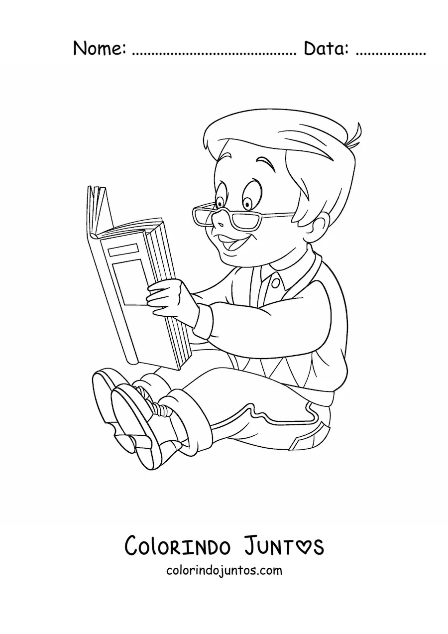 Desenho para colorir de um menino de óculos lendo um livro