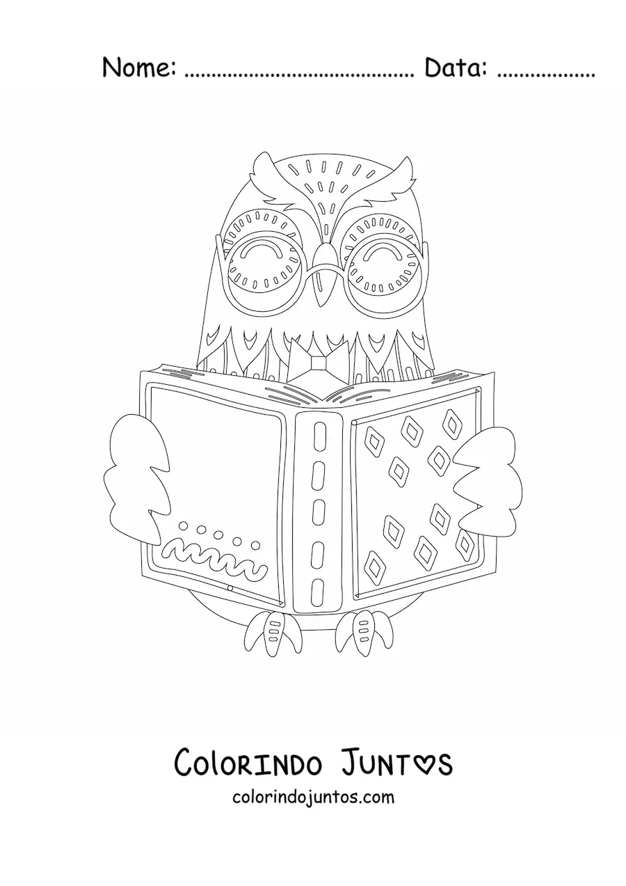 Desenho para colorir de uma coruja animada lendo um livro
