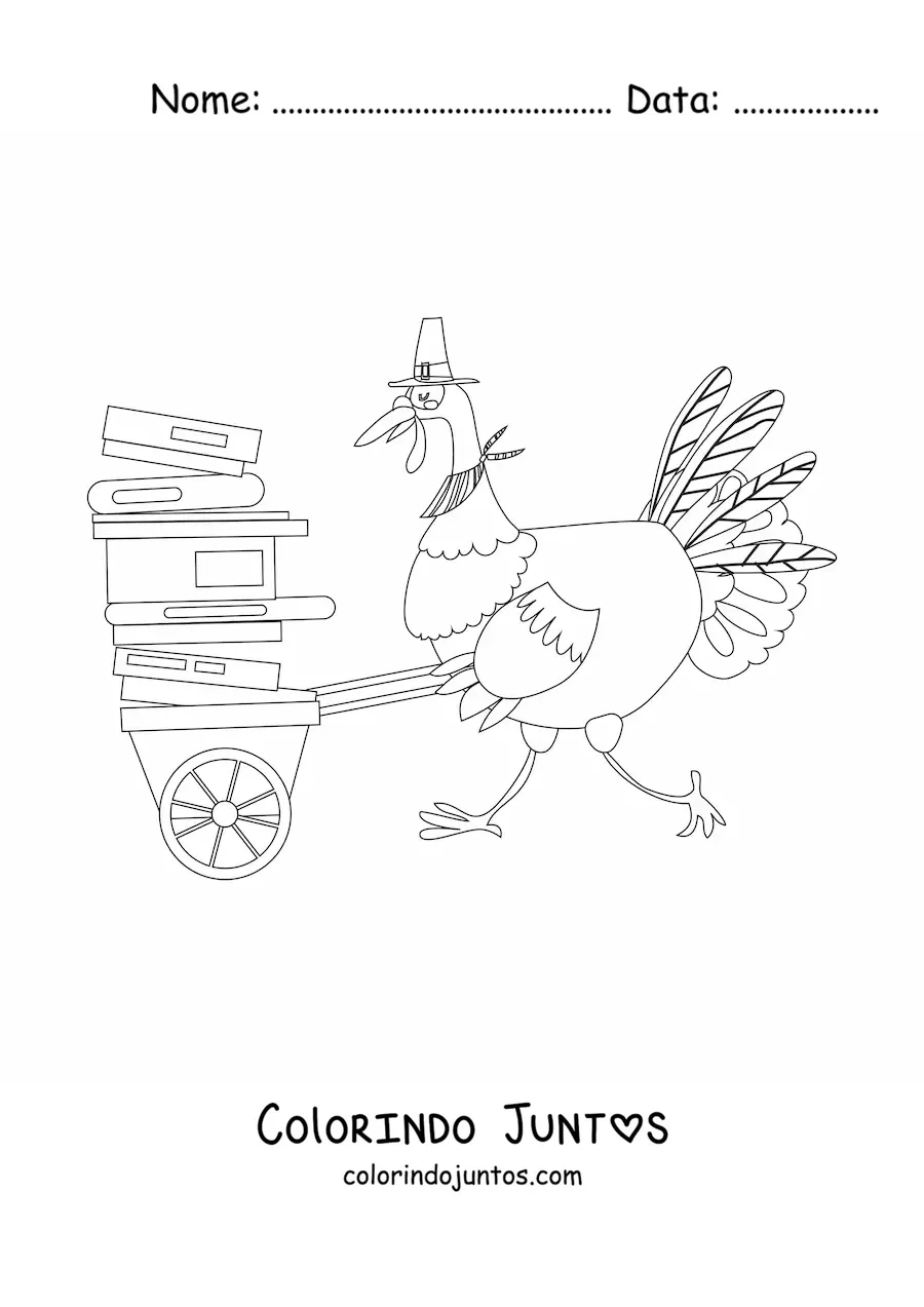 Desenho para colorir de um peru animado com livros empilhados em um carrinho de mão