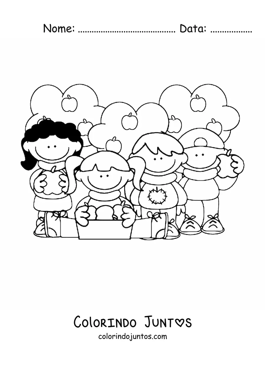 Desenho para colorir de crianças comendo maçãs com macieiras ao fundo