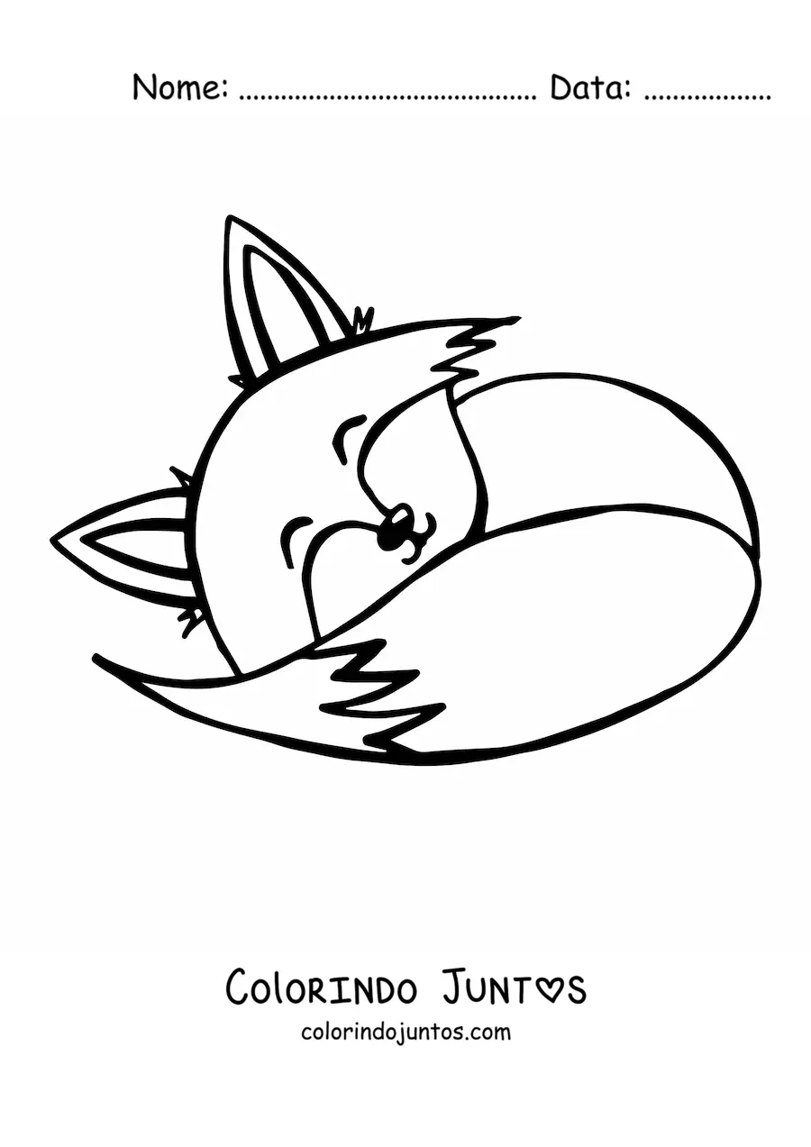Desenho para colorir de uma raposa kawaii dormindo encolhida