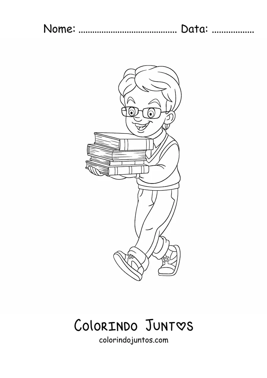 Desenho para colorir de um menino carregando vários livros empilhados