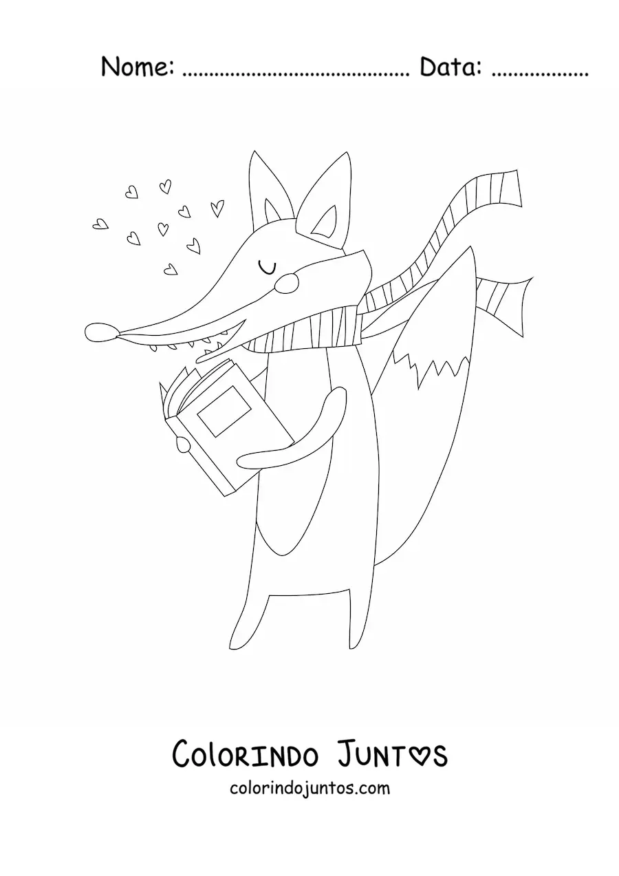 Desenho para colorir de uma raposa animada lendo um livro
