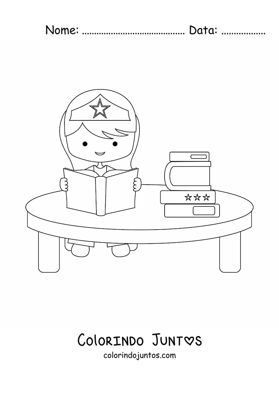 Desenho para colorir de uma menina super-heroína kawaii lendo um livro