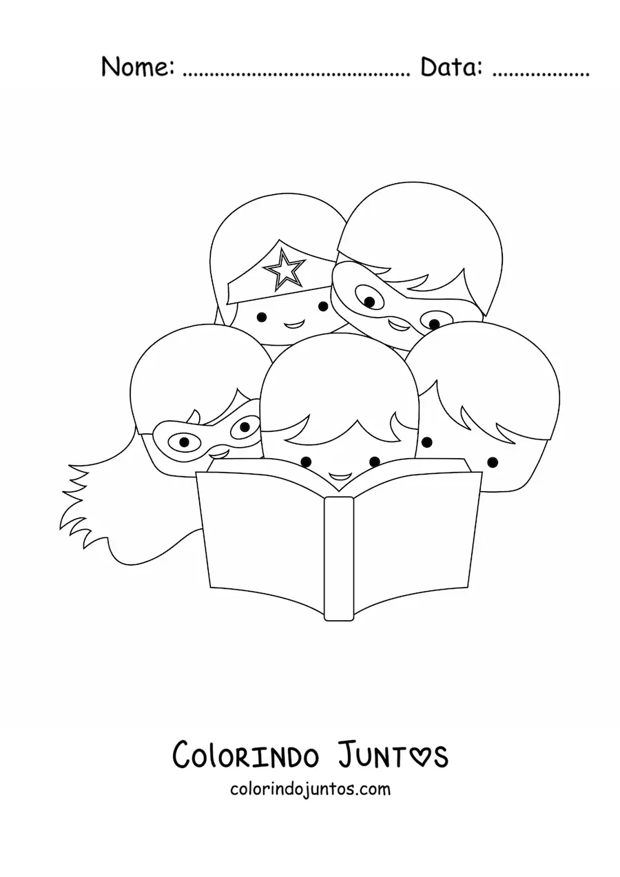 Desenho para colorir de várias crianças super-heróis lendo um livro juntas
