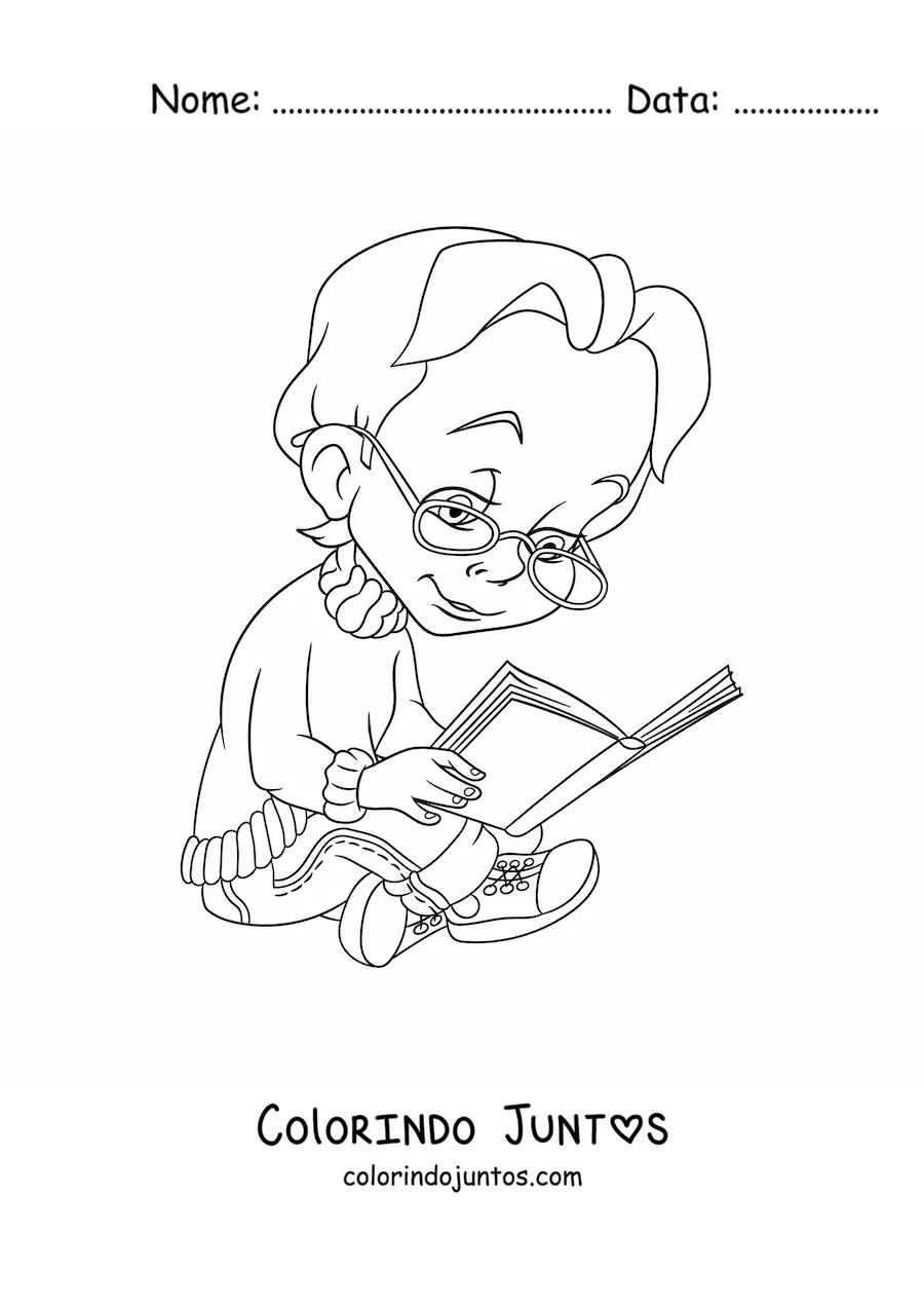 Desenho para colorir de uma menina de óculos sentada lendo um livro