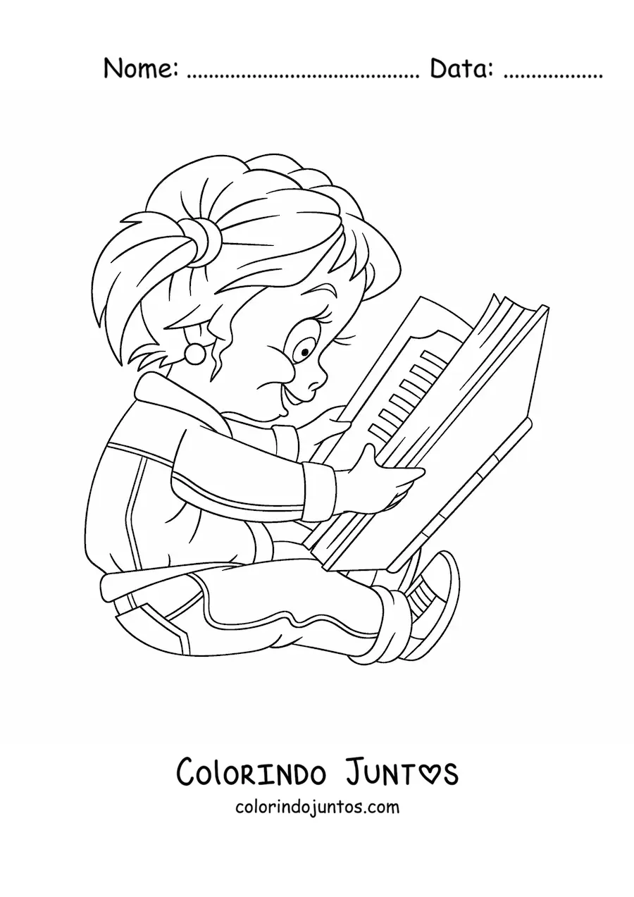 Desenho para colorir de uma menina lendo um livro