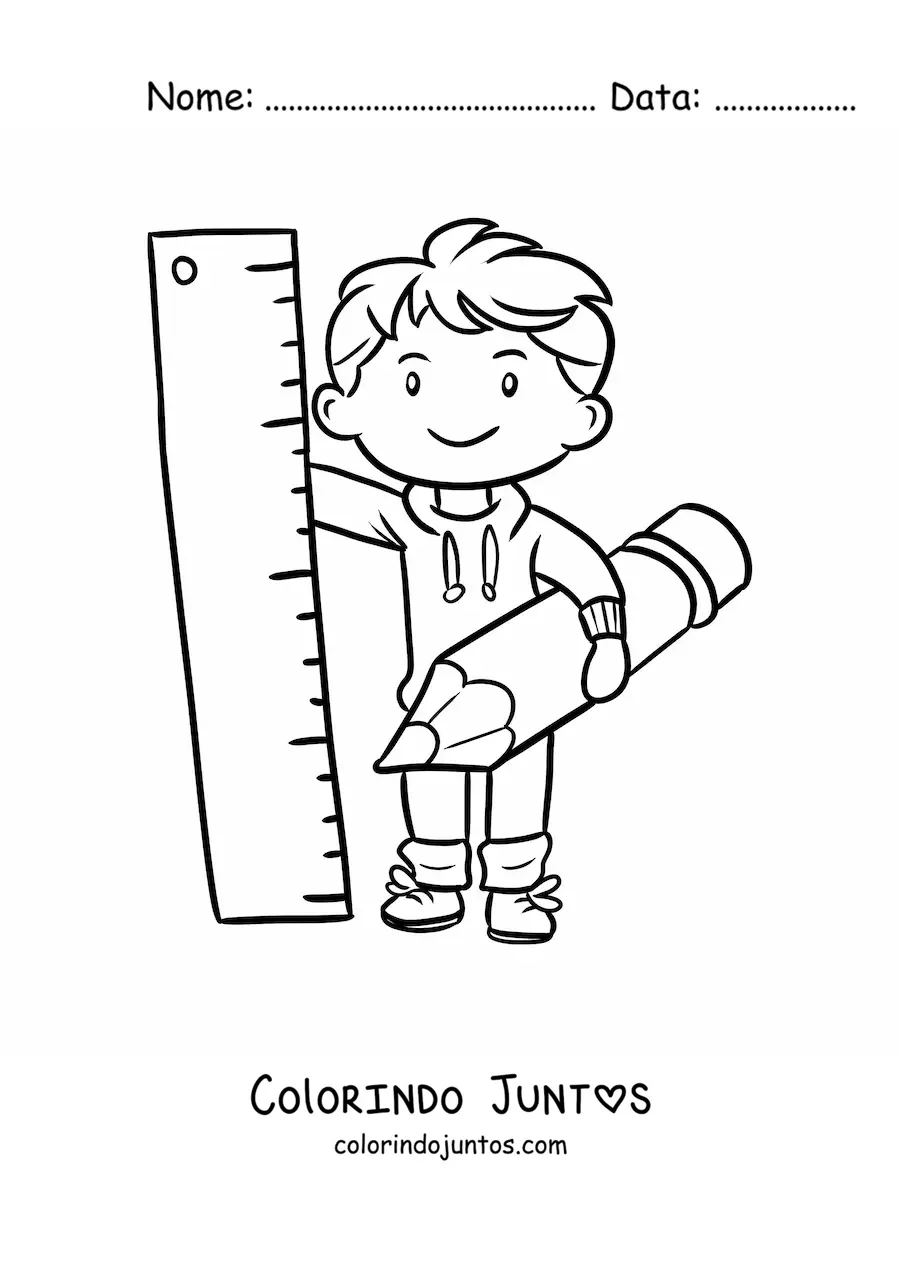 Desenho para colorir de um menino kawaii segurando um lápis e uma régua gigante