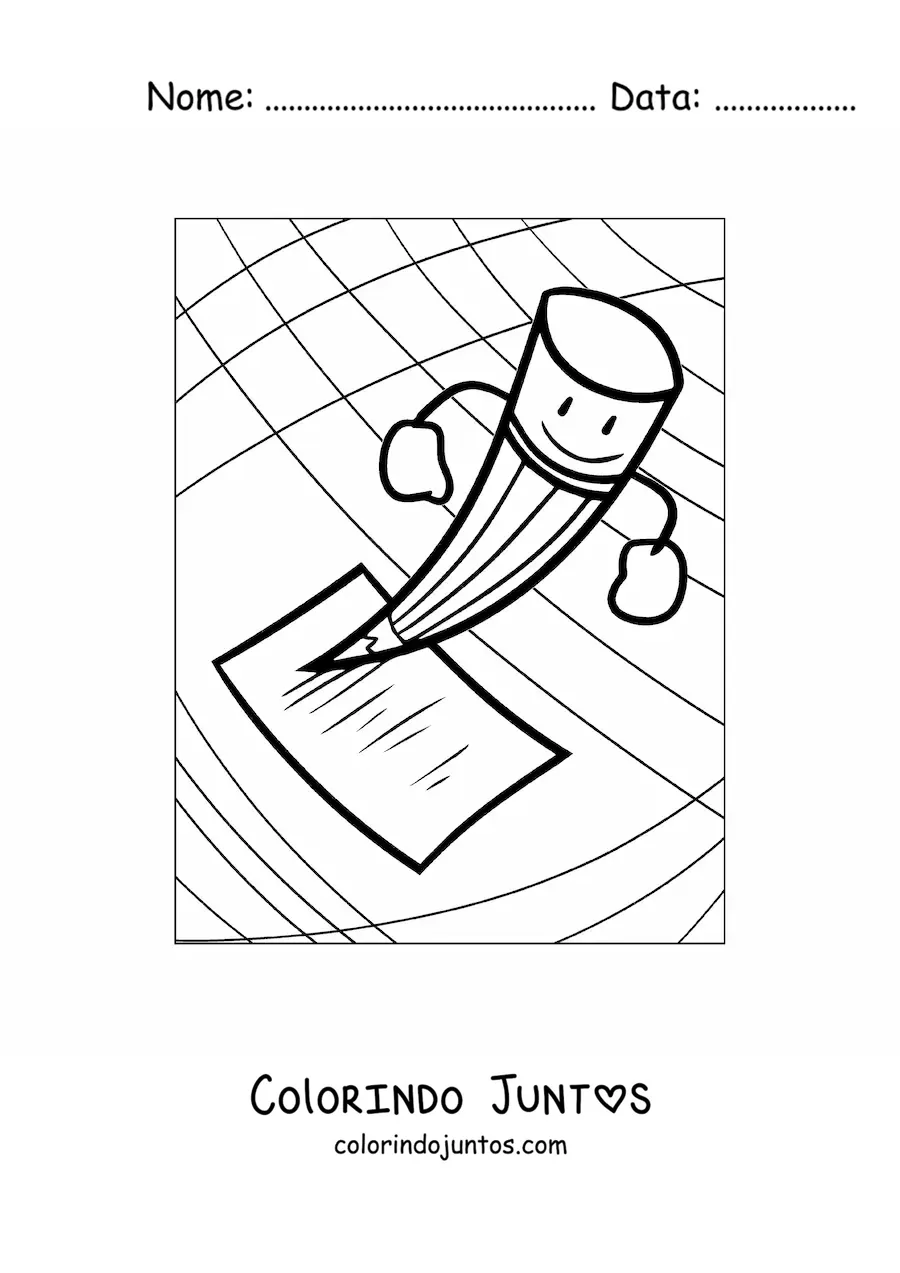 Desenho para colorir de um lápis animado escrevendo sobre um papel