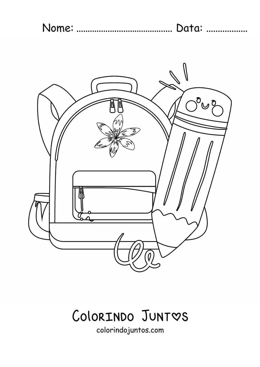 Desenho para colorir de um lápis kawaii animado junto a uma mochila escolar
