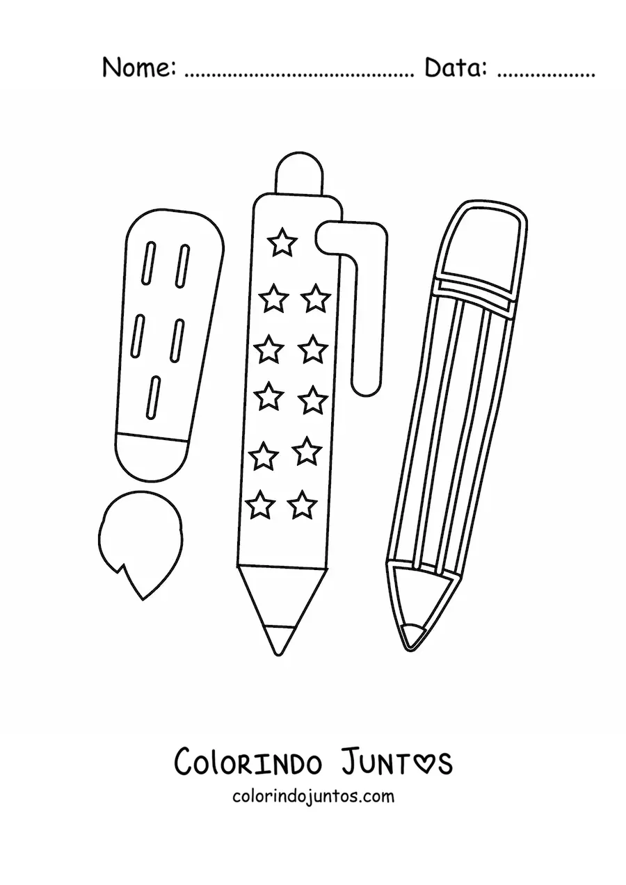 Desenho para colorir de três materiais escolares