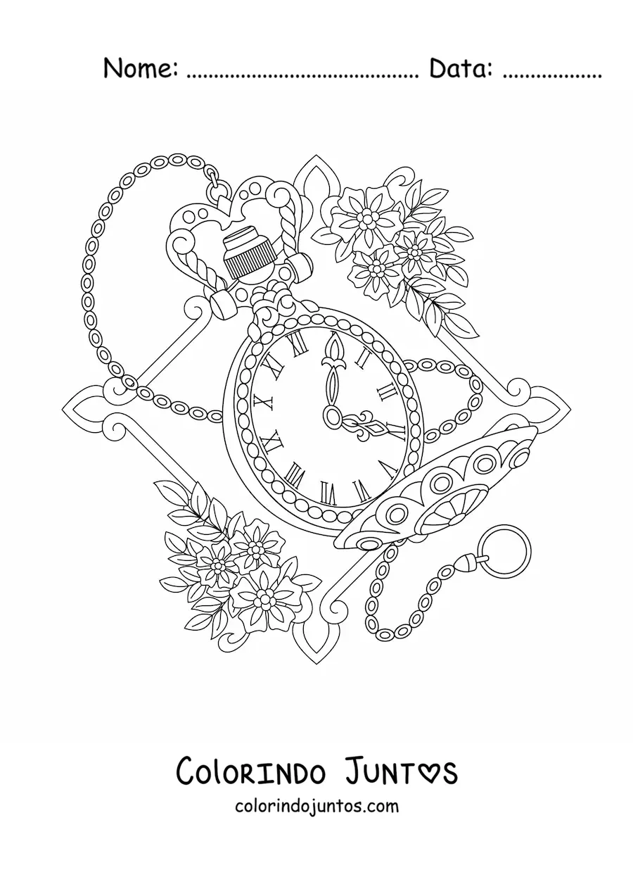 Desenho para colorir de um relógio antigo bonito marcando a hora