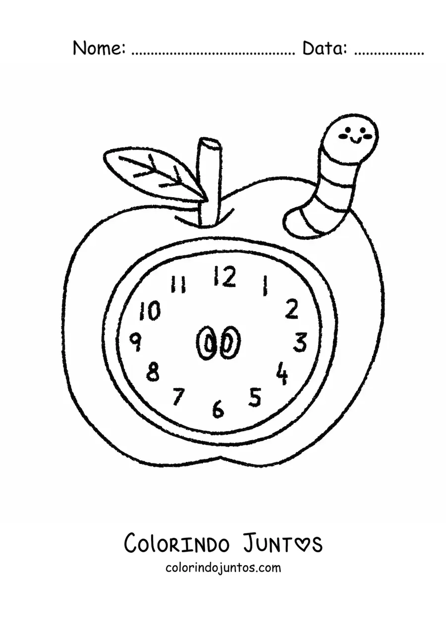 Desenho para colorir de um relógio de maçã kawaii