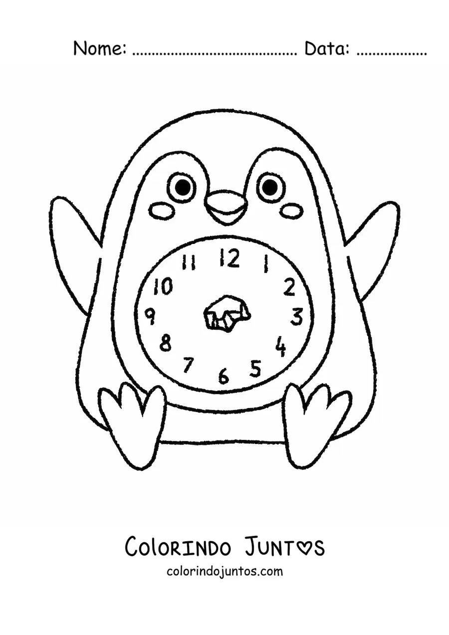 Desenho para colorir de um relógio de pinguim kawaii