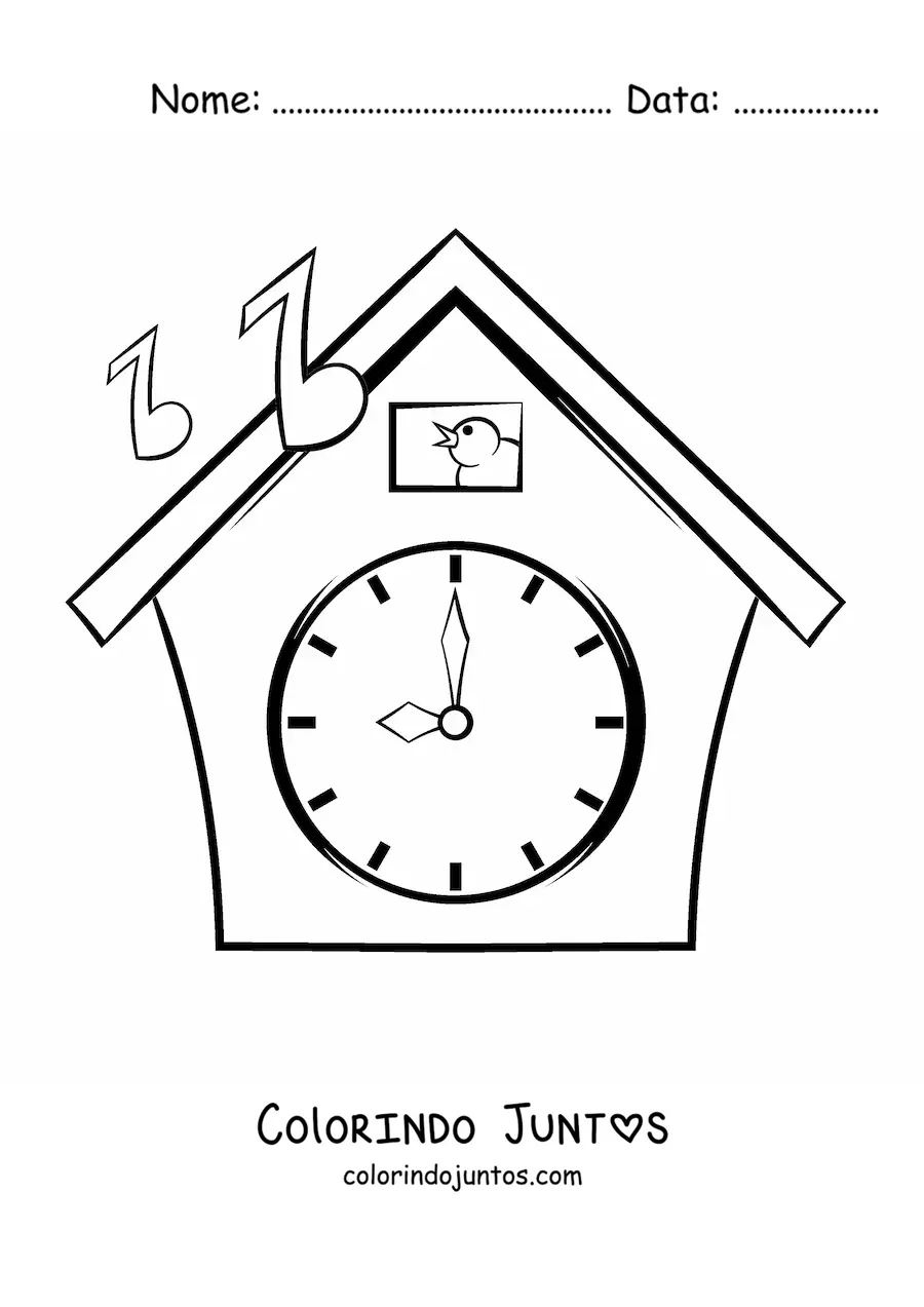 Desenho para colorir de um relógio cuco marcando a hora