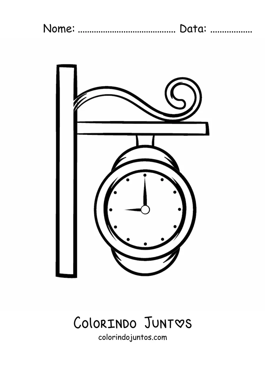Desenho para colorir de um relógio de estação marcando a hora