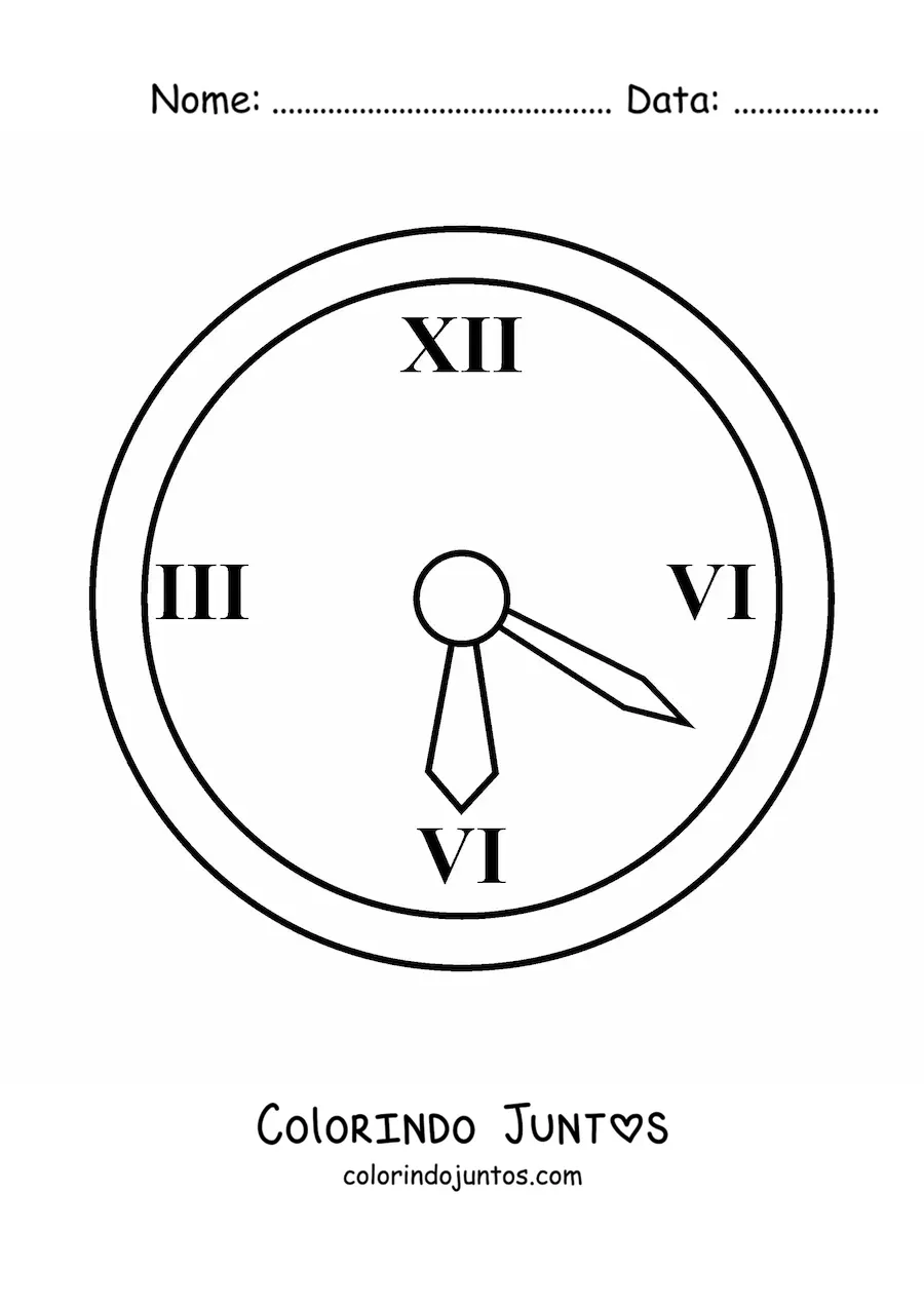 Desenho para colorir de um relógio de parede marcando a hora