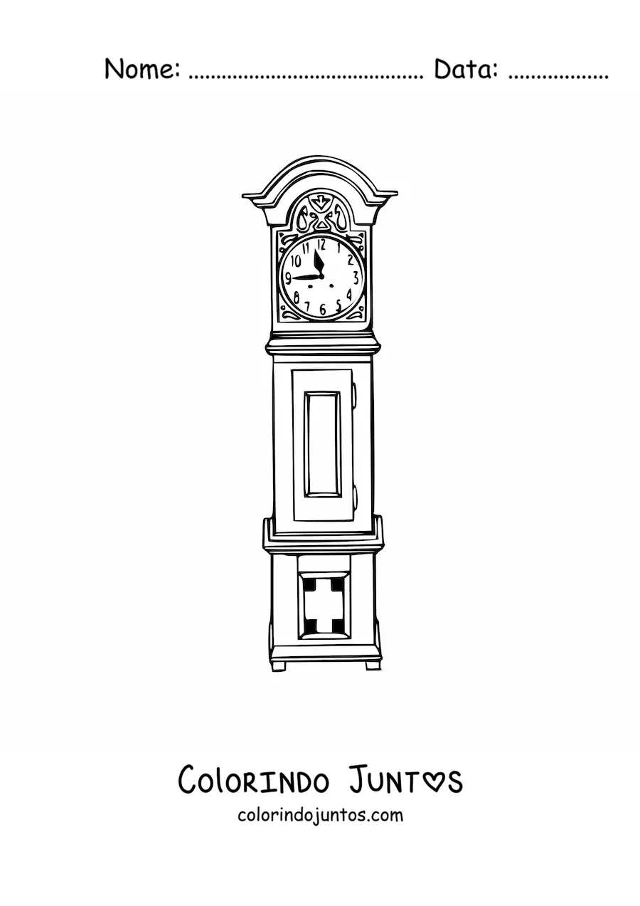 Desenho para colorir de um relógio antigo marcando a hora