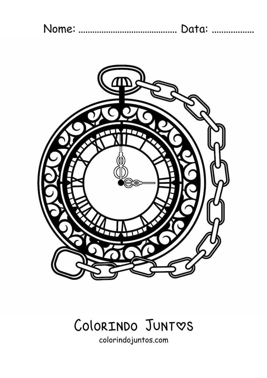 Desenho para colorir de um relógio de bolso marcando a hora