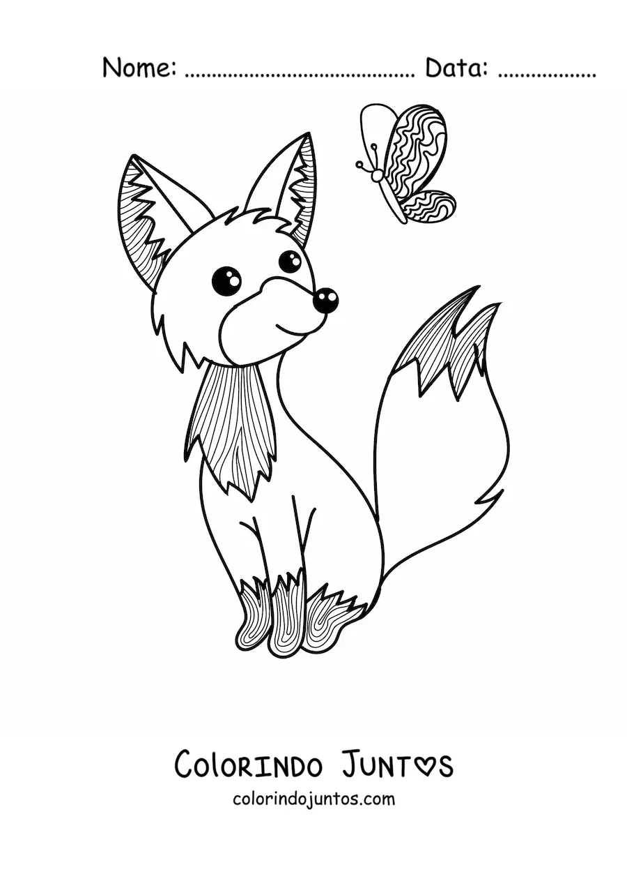 Desenho para colorir de uma raposa animada sentada olhando uma borboleta