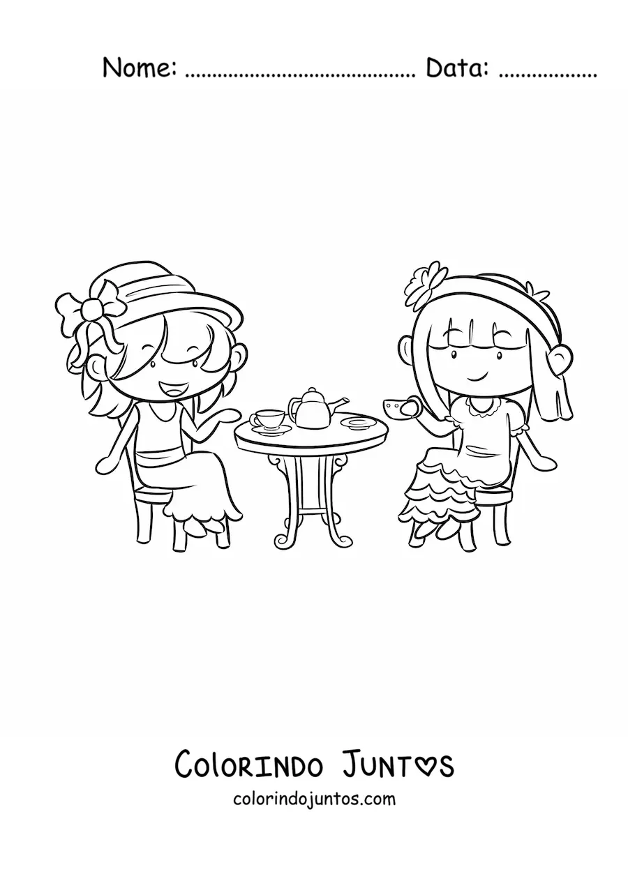 Desenho para colorir de duas meninas kawaii tomando chá em uma mesa