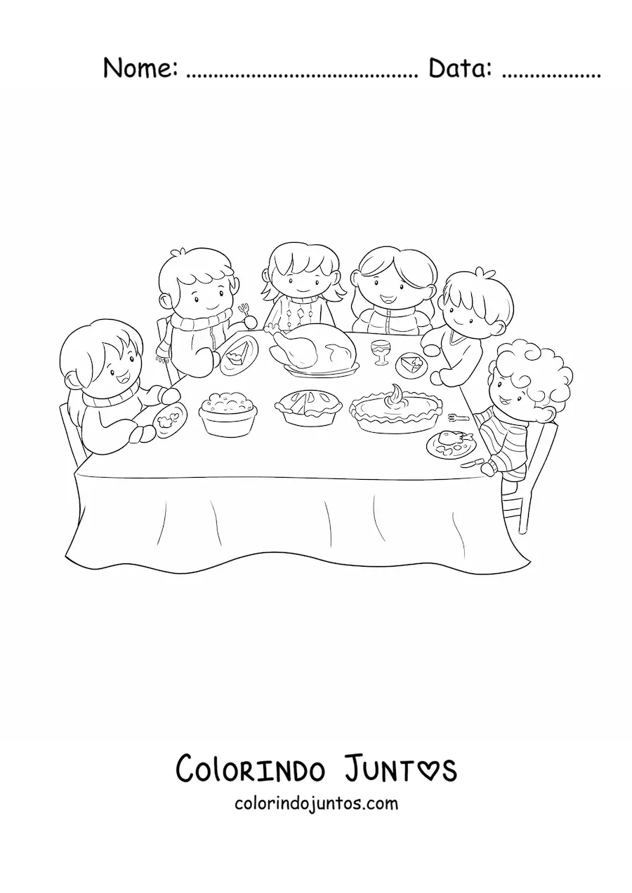 Desenho para colorir de uma família jantando em uma mesa com toalha