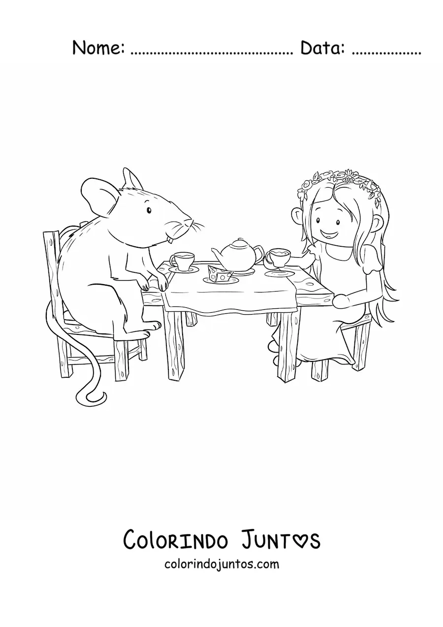 Desenho para colorir de uma menina e um rato animado tomando chá em uma mesa de madeira
