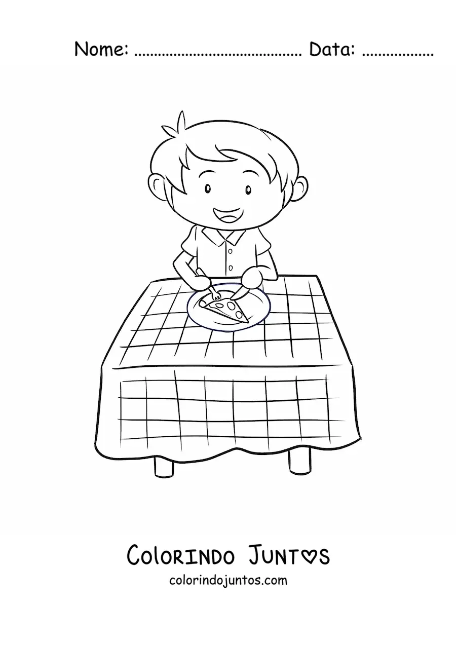 Desenho para colorir de um menino comendo pizza em uma mesa com toalha xadrez