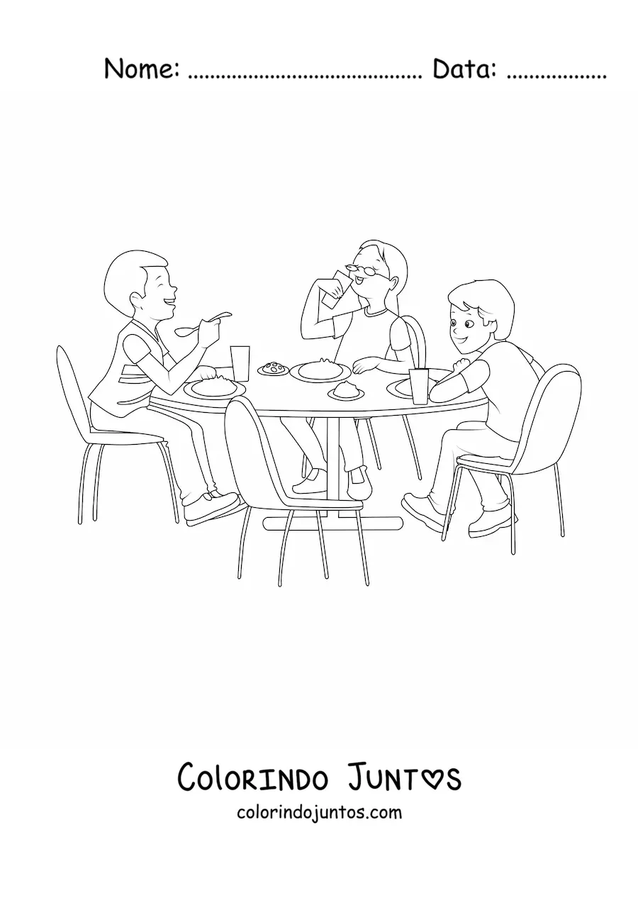 Desenho para colorir de três crianças comendo à mesa