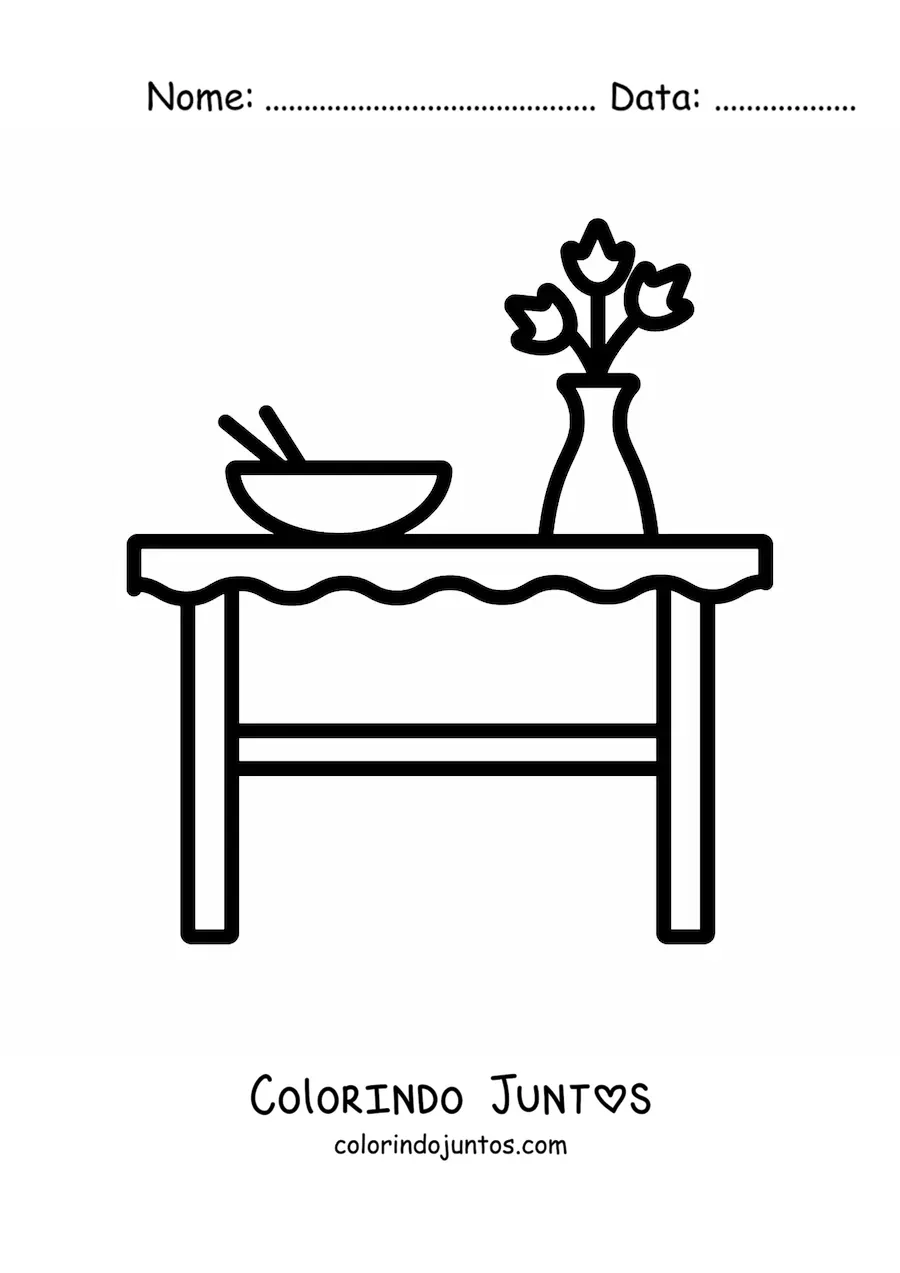 Desenho para colorir de uma mesa com um vaso e um prato