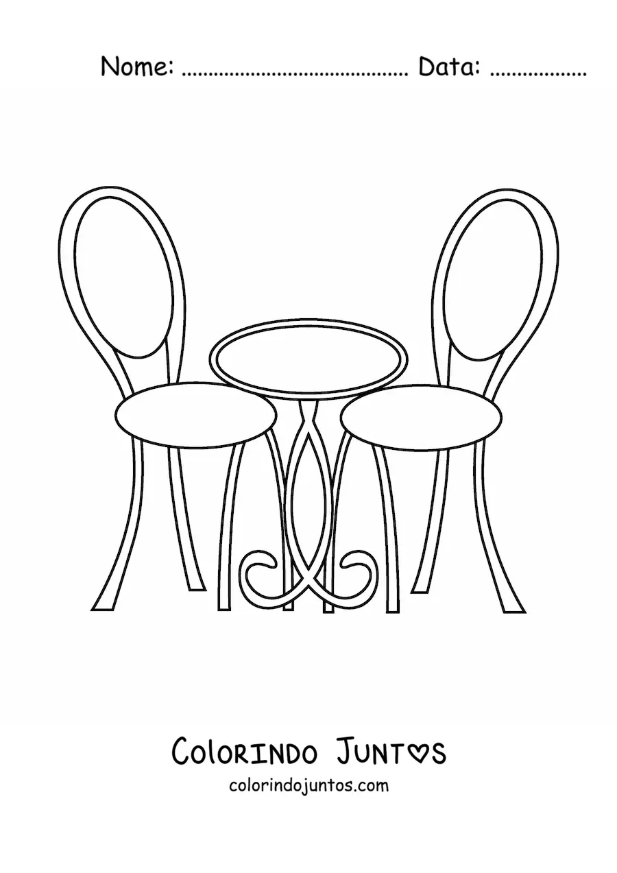 Desenho para colorir de uma mesa de cafeteria com duas cadeiras