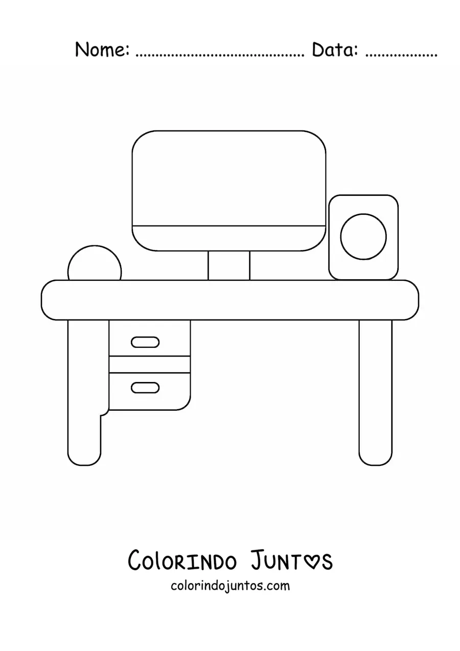 Desenho para colorir de uma escrivaninha com um computador