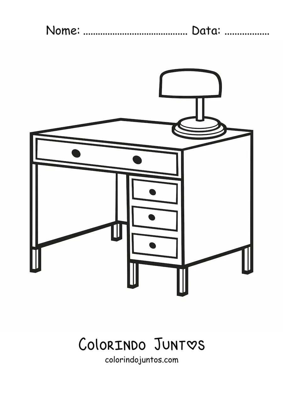 Desenho para colorir de uma escrivaninha com uma luminária