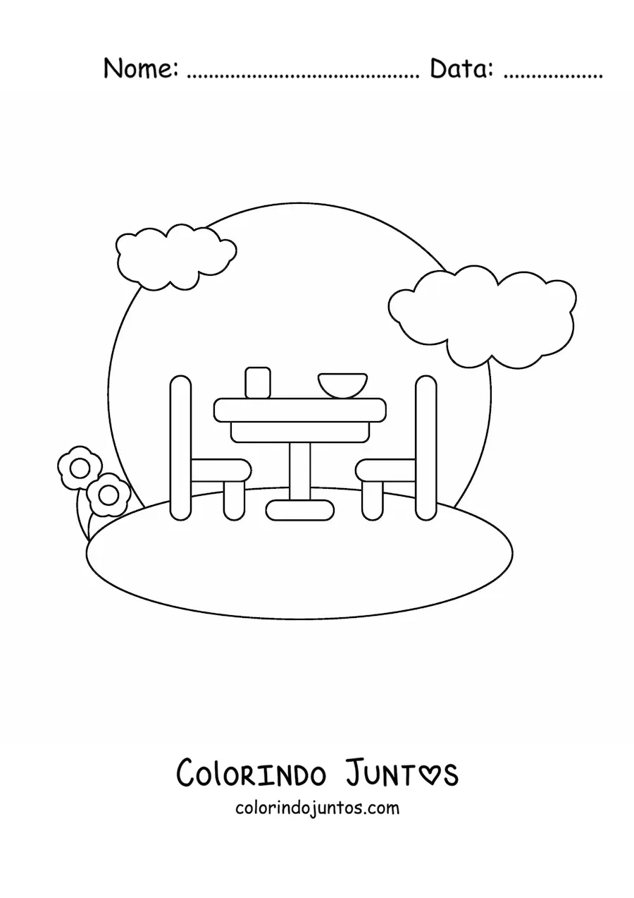 Desenho para colorir de uma mesa com cadeiras em um jardim