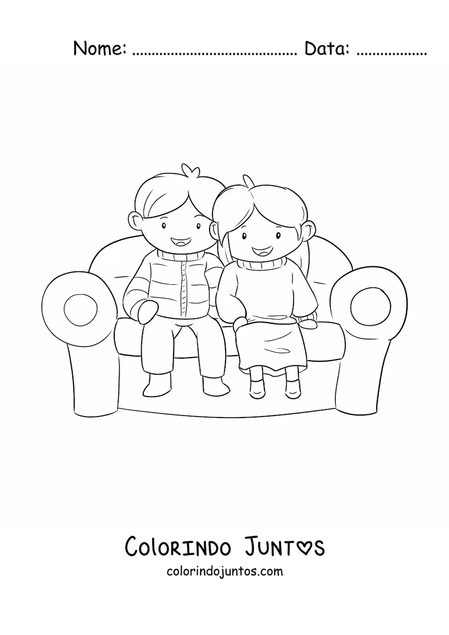 Desenho para colorir de um casal kawaii sentado em uma poltrona